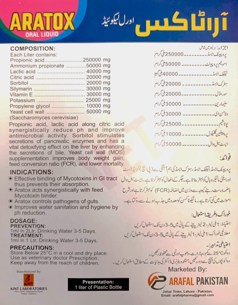 Back label of Aratox showing composition, indications, dosage, precautions, manufacturer and pack size
